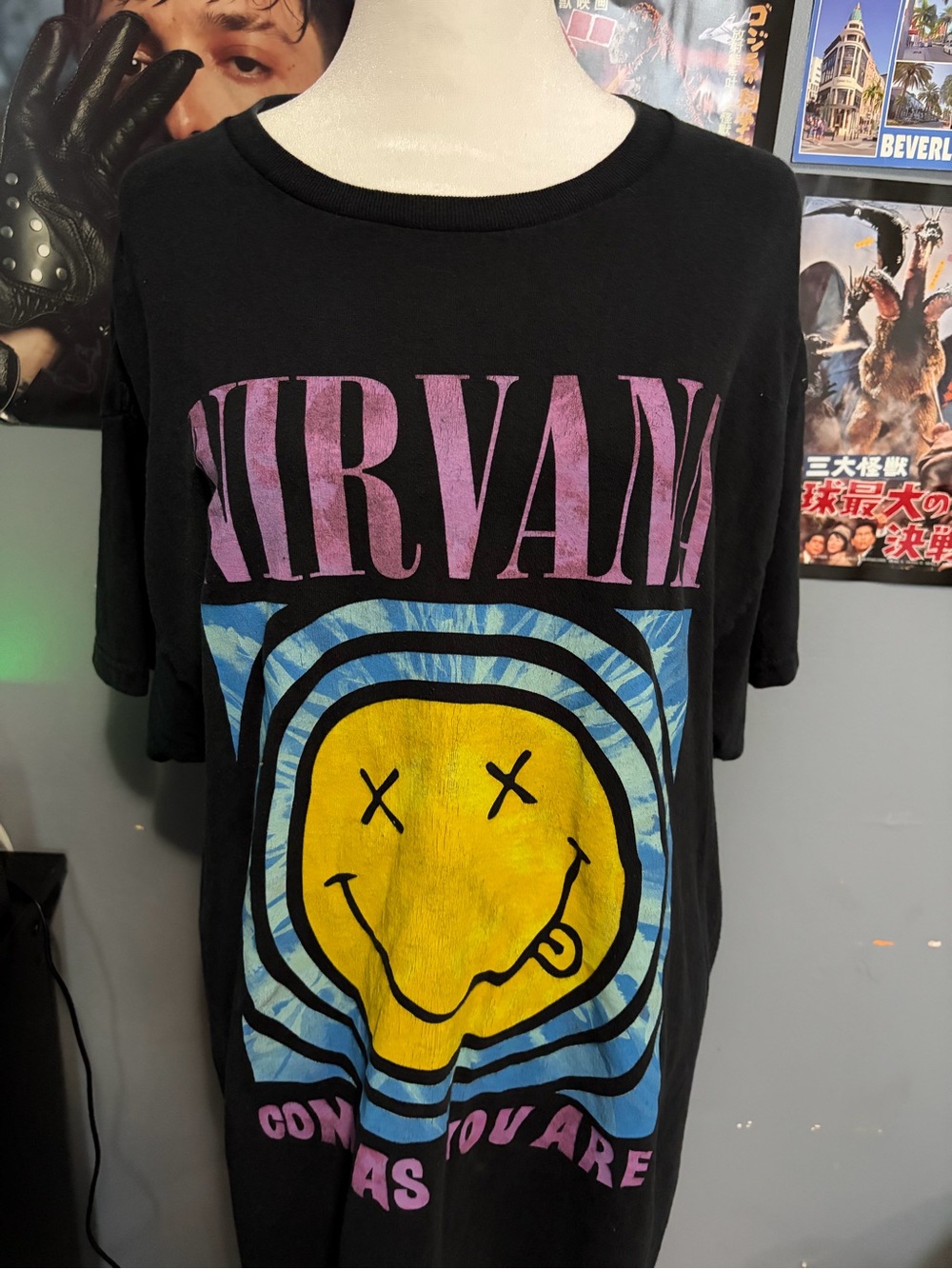 NIRVANA Black Kids Short Sleeve Tee with Yellow Smiley and Pink Logo